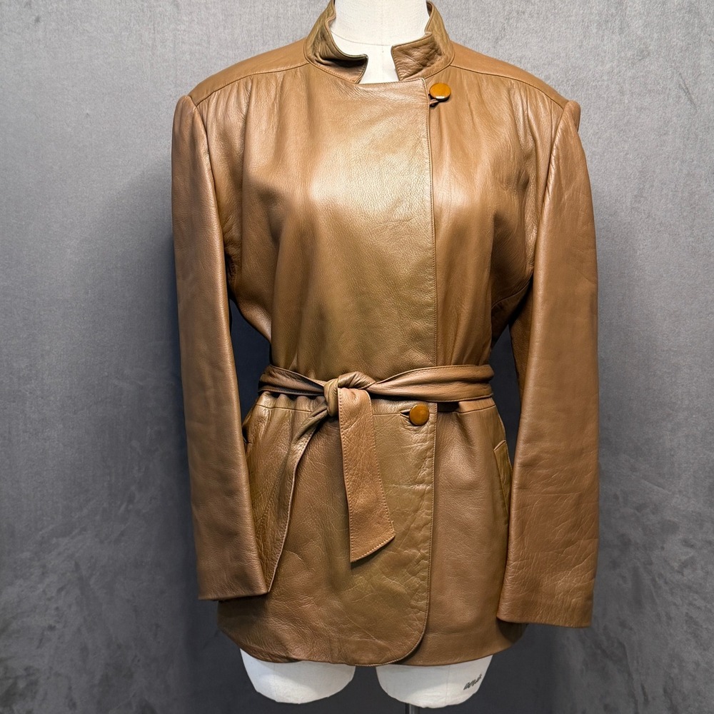 Vtg Peruzzi Florence Leather Jacket Women 48 Brown Belted Butter Soft Coat Italy